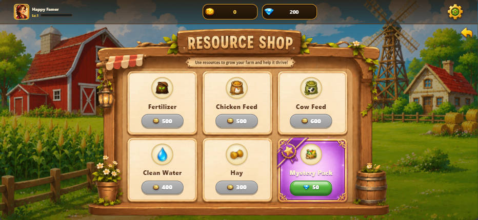 The Resource Shop selling fertilizer, feed, water, hay and a Mystery Pack