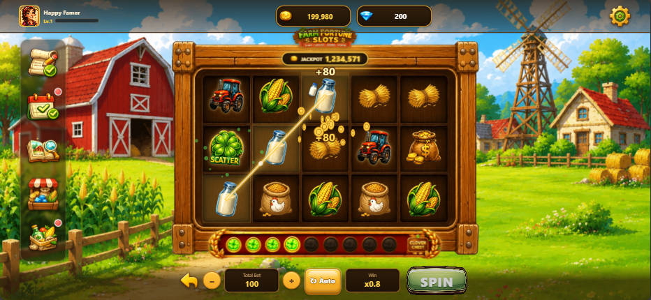 Farm Fortune Slots reels with a winning line paying +80